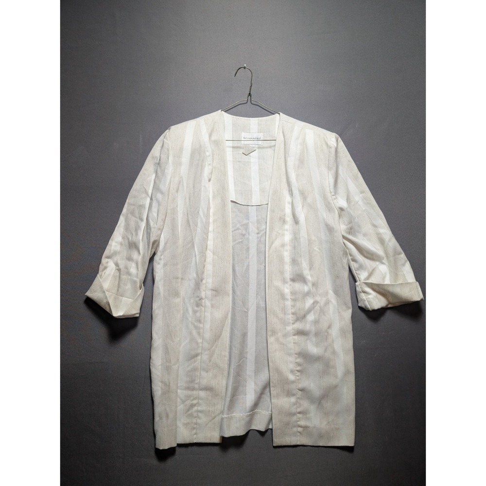 Schrader Kimono Jacket Women's 10 Beige White Striped Relaxed Fit Open Front